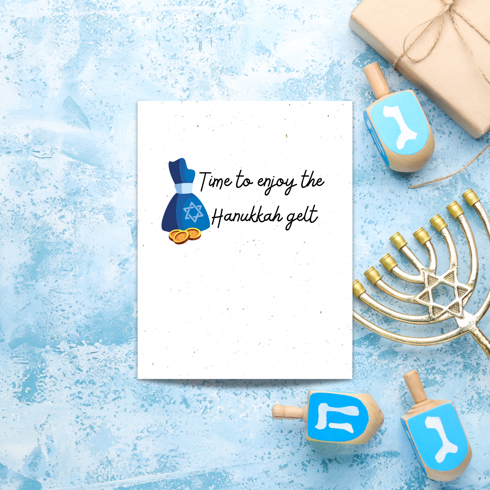 Plantable Hanukkah card with a bag of gelt and text 'time to enjoy the Hanukkah gelt'