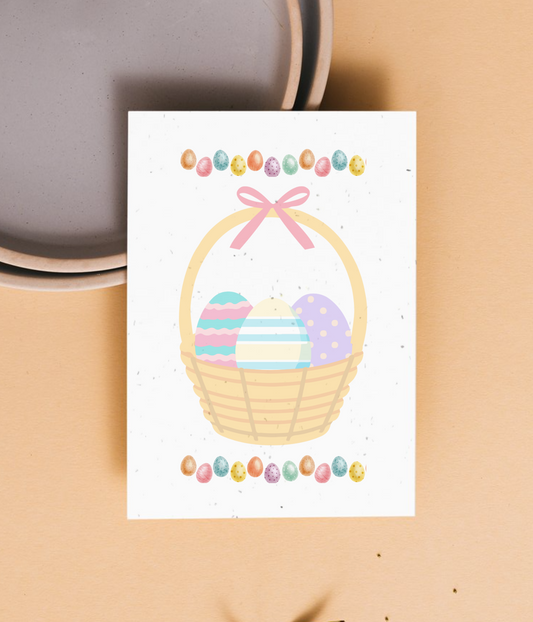 Easter-themed eco-friendly greeting card with a basket of eggs on a beige background