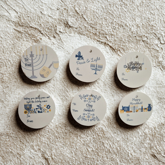 Set of six round Hanukkah-themed gift tags made of recycled paper