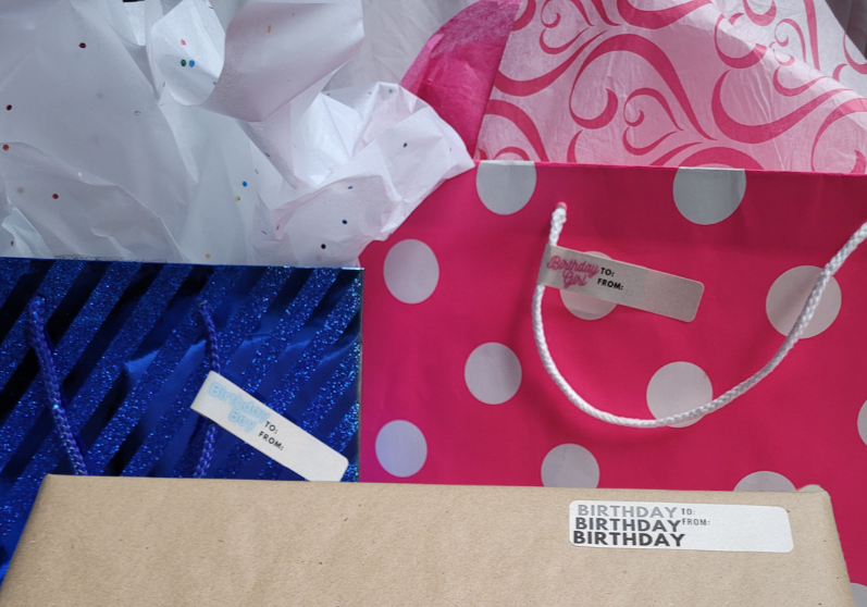 Sassy Birthday Girl and Birthday boy gift bag labels. Birthday written 3 times on label for wrapped gifts