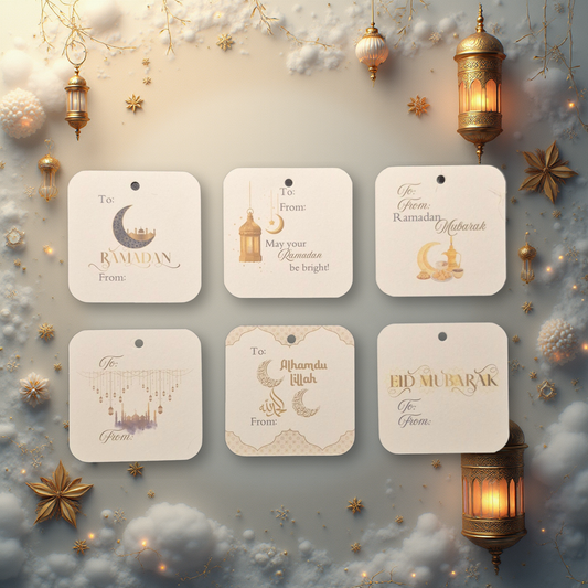 Decorative gift tags with Ramadan and Eid Mubarak messages on a festive background with lanterns and stars.