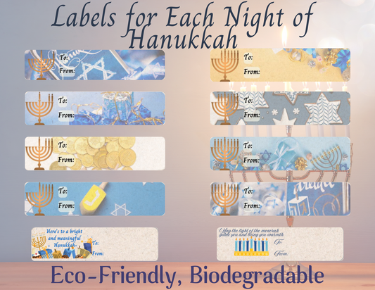 Hanukkah Gift Stickers- Featuring 8 Nights of Hanukkah, Menorah Candle Designs. Eco-Friendly, Biodegradable. Classic Designs