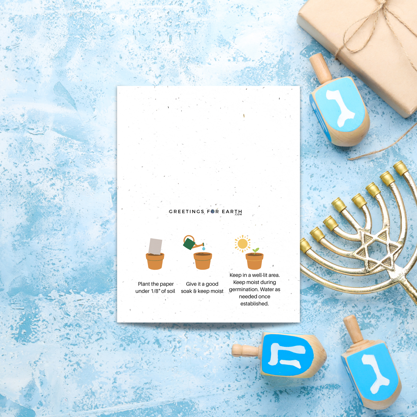 back of plantable Hanukkah seed paper Card with planting instructions 