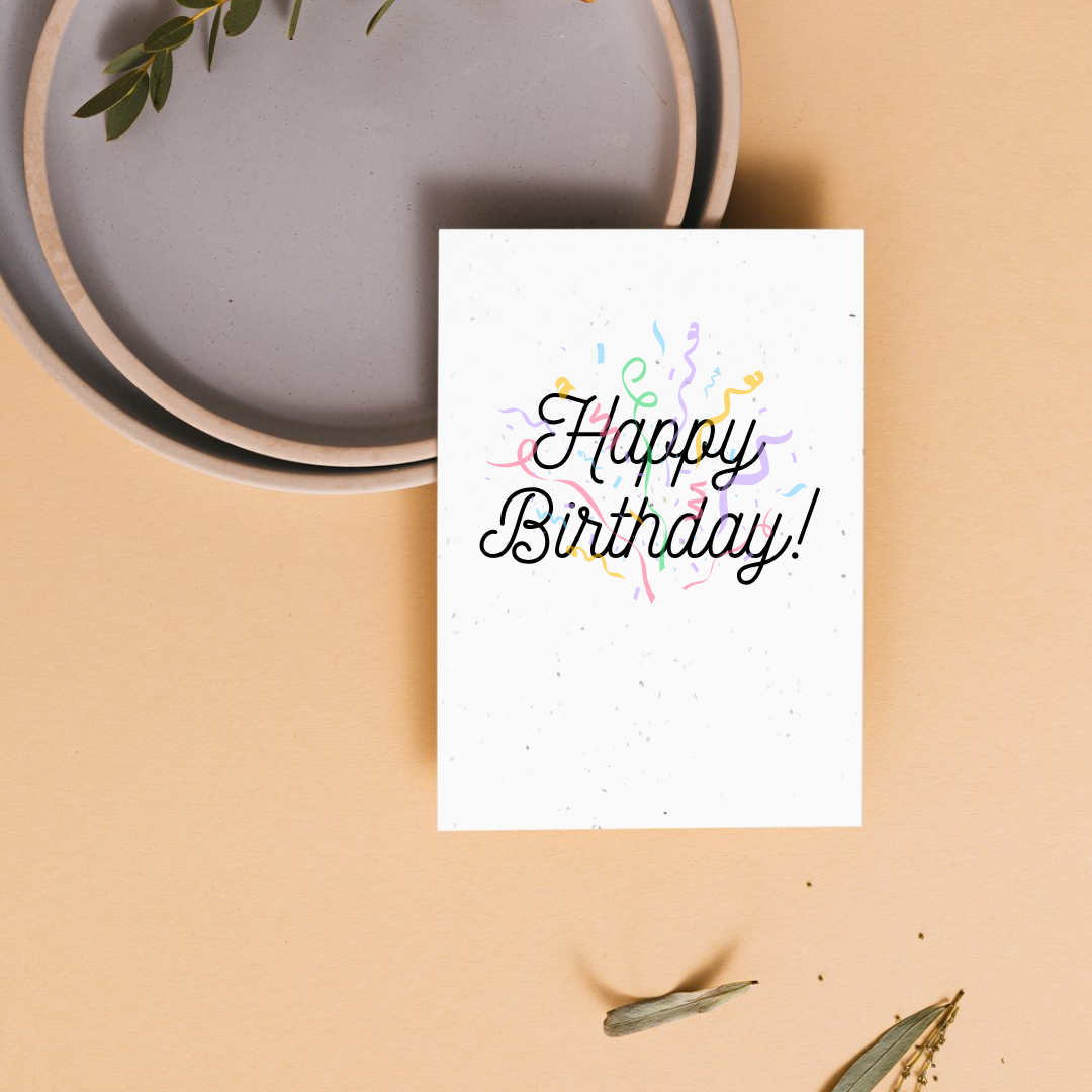 Birthday seed paper card with 'Happy Birthday!' text and confetti on a beige background. Eco-friendly design. 