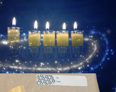 Wrapped gift with Menorah in the background the star of David is printed in a pattern on a gift label 