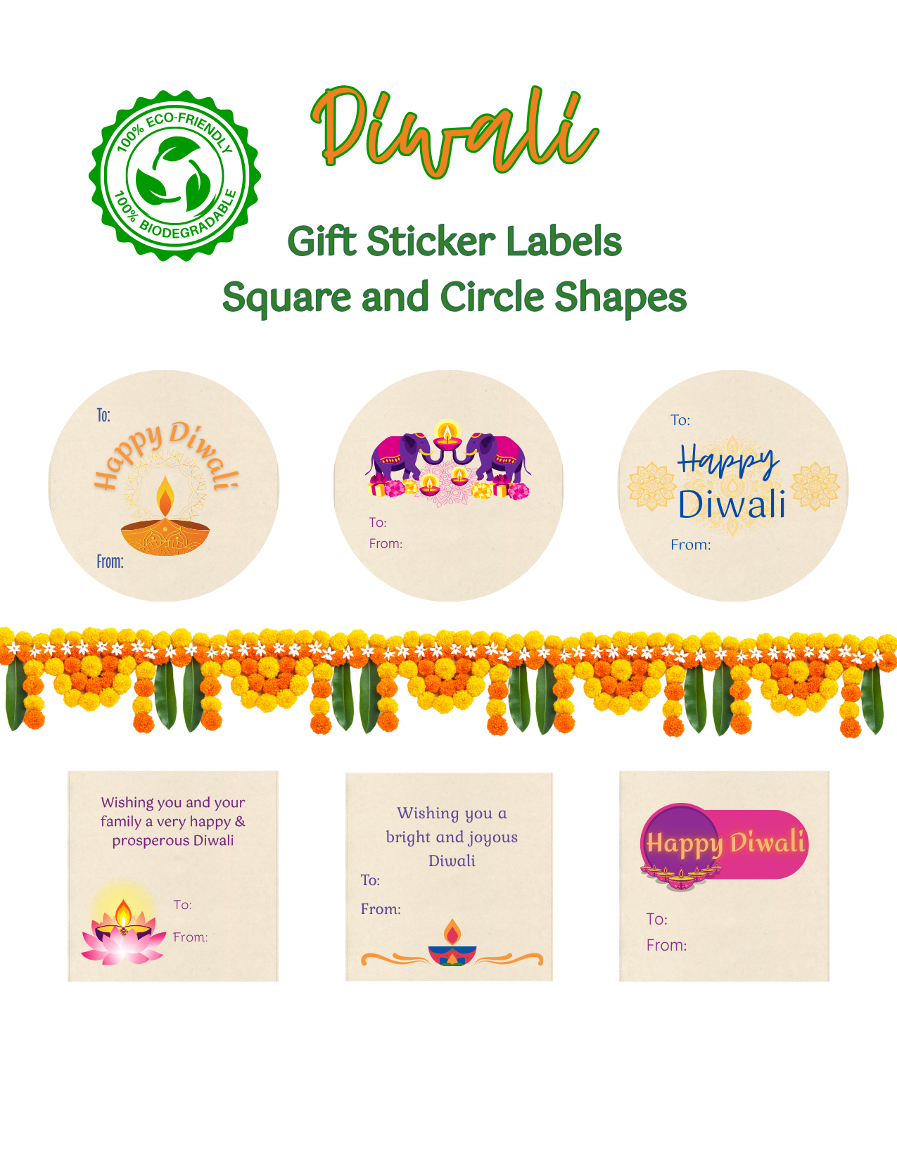 Diwali gift sticker labels with square and circle shapes on a white background