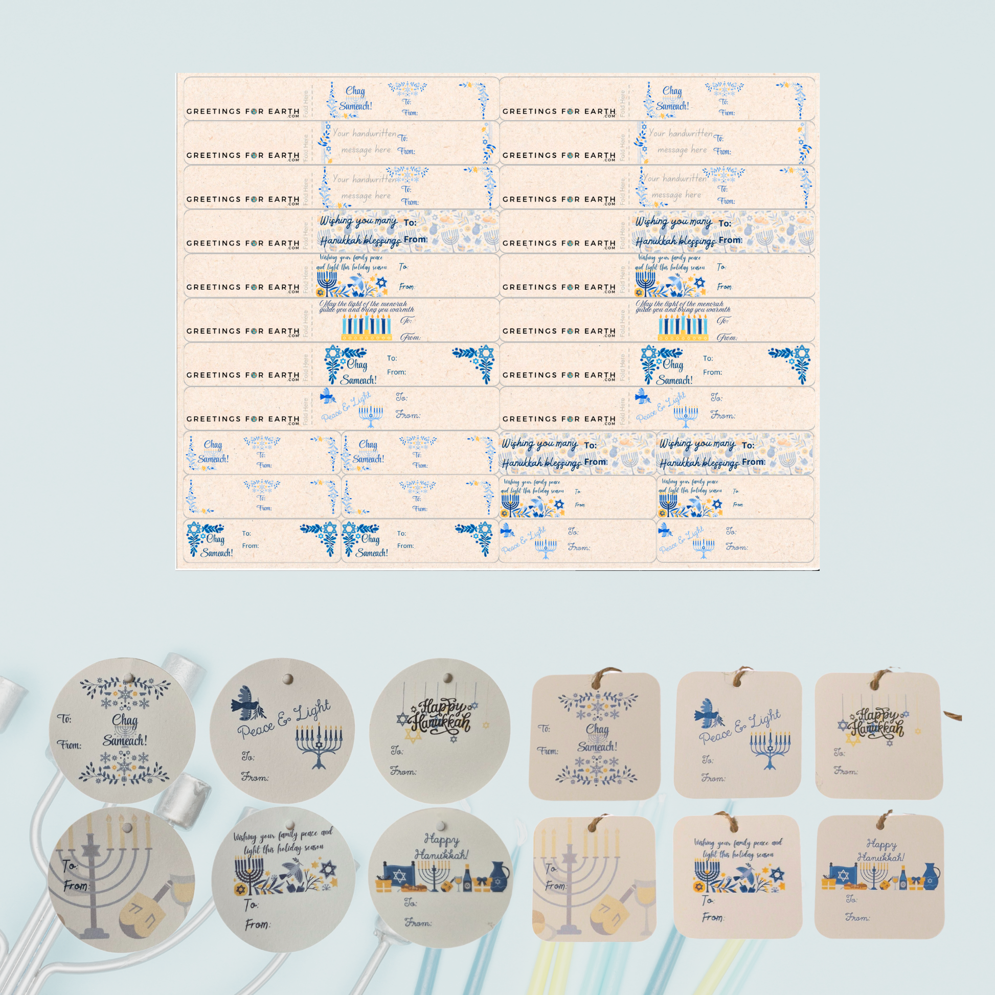 Bundle of Hanukkah-themed ggift sticker labels and gift tags on a light blue background