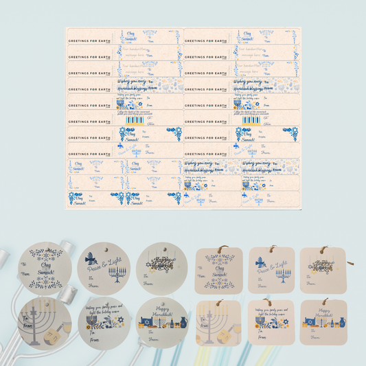 Bundle of Hanukkah-themed ggift sticker labels and gift tags on a light blue background