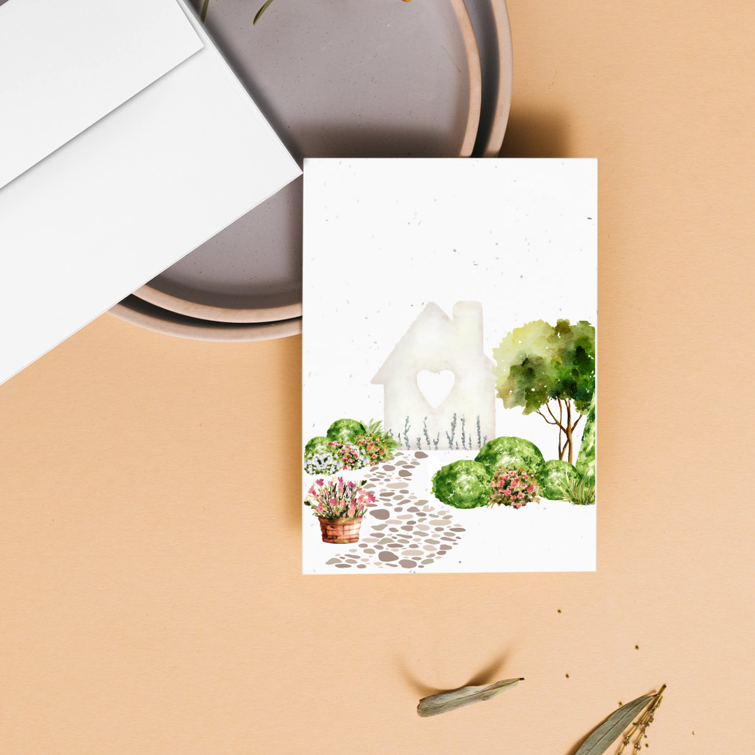 Mother's day Greeting card with a serene garden scene on a beige surface