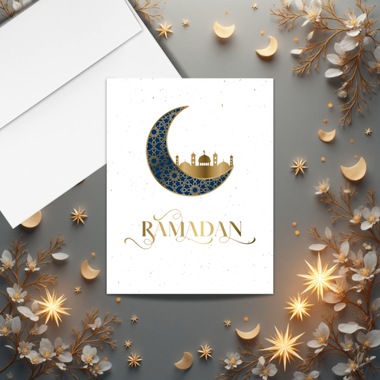 Ramadan seed paper card with 'Ramadan' text and crescent moon and mosque design.