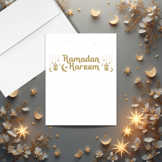 Ramadan seed paper card with 'Ramadan Kareem' text surrounded by decorative elements on a gray background. Eco-friendly design
