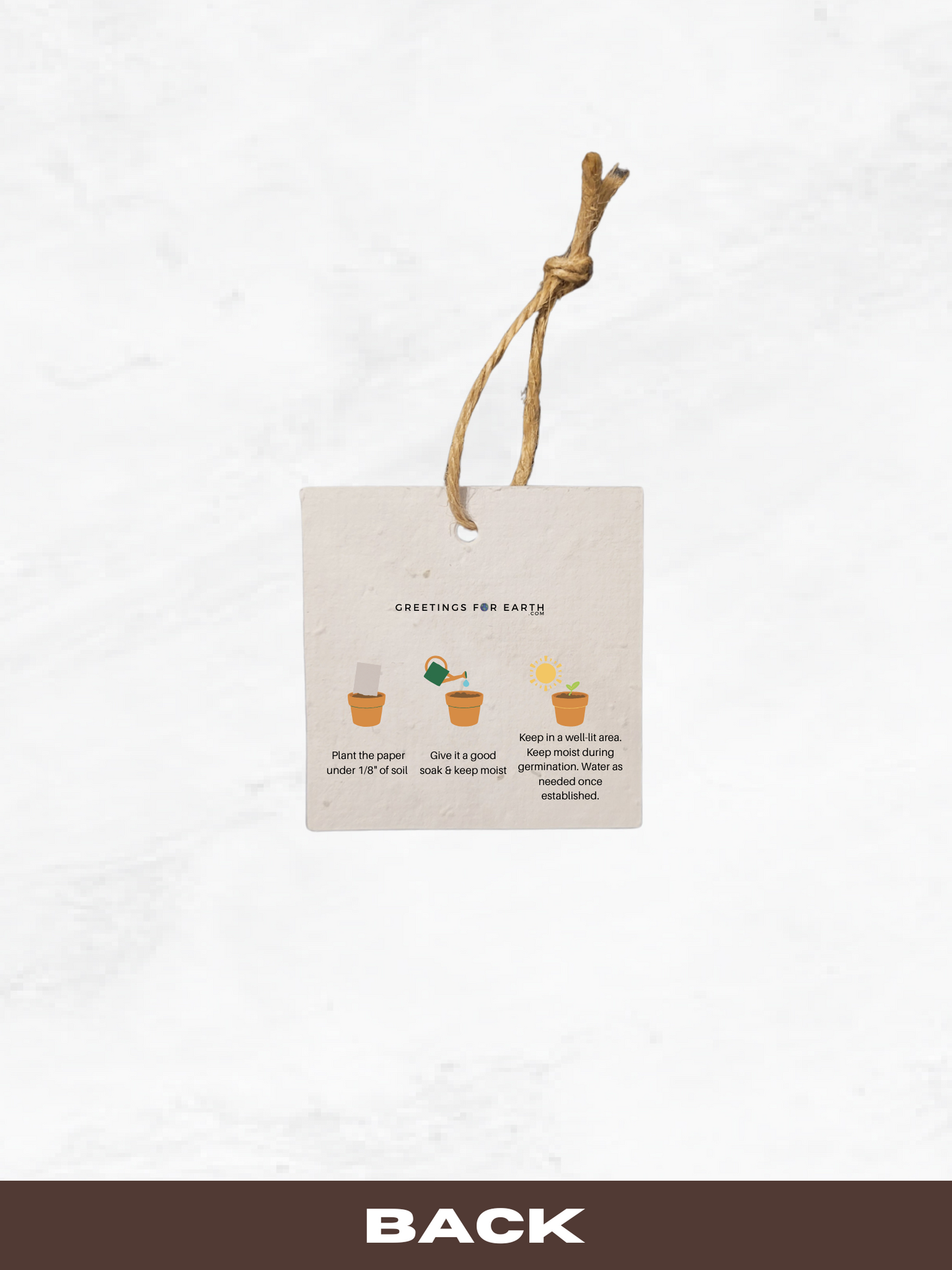 Rear of square shaped gift tag made of seed paper with planting instructions
