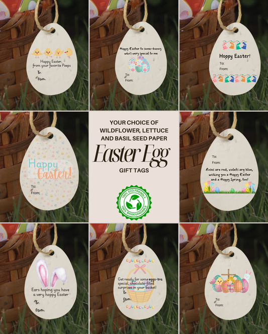 Easter egg gift tags that are made of seed paper with various designs 