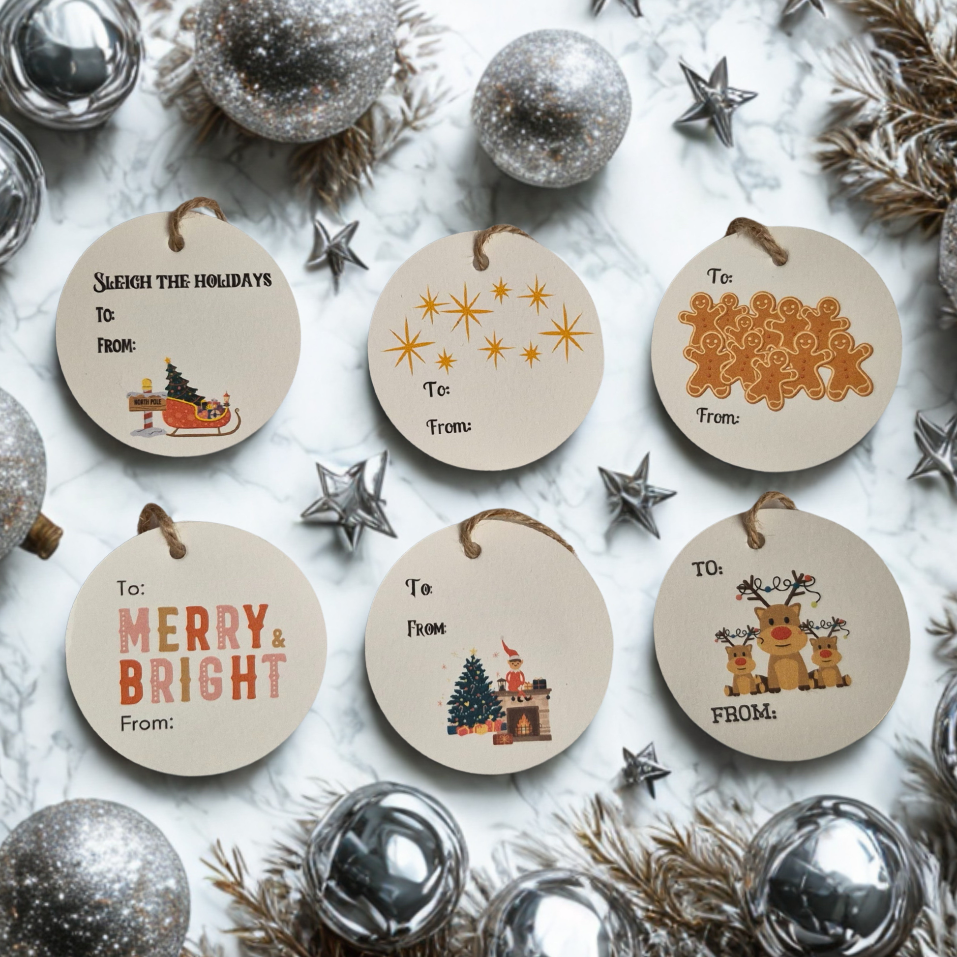 Set of 6 Christmas-themed gift tags in the shape of a circle, with decorative elements on a textured surface.