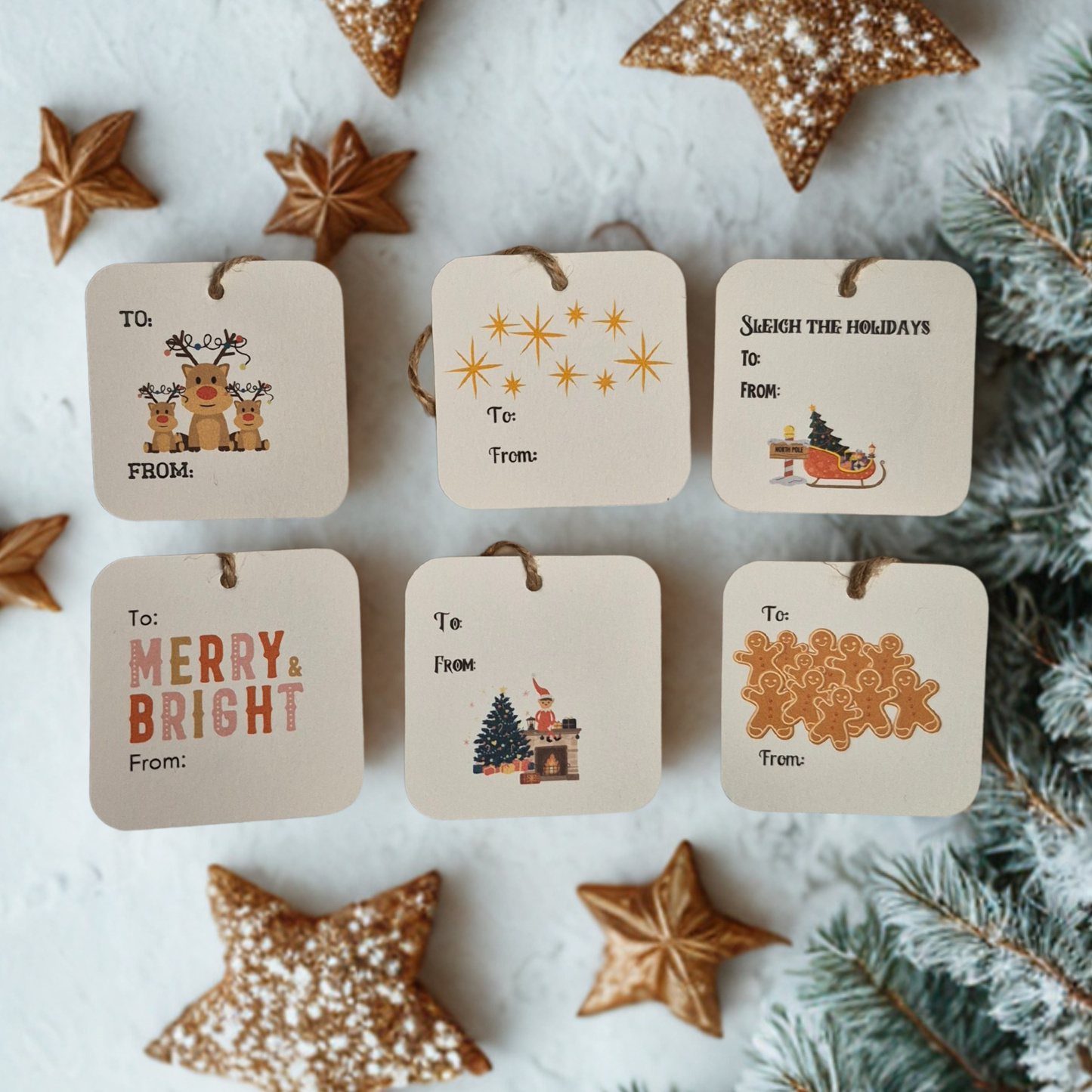 Set of 6 Christmas-themed recycled paper gift tags with decorative elements on a white surface.