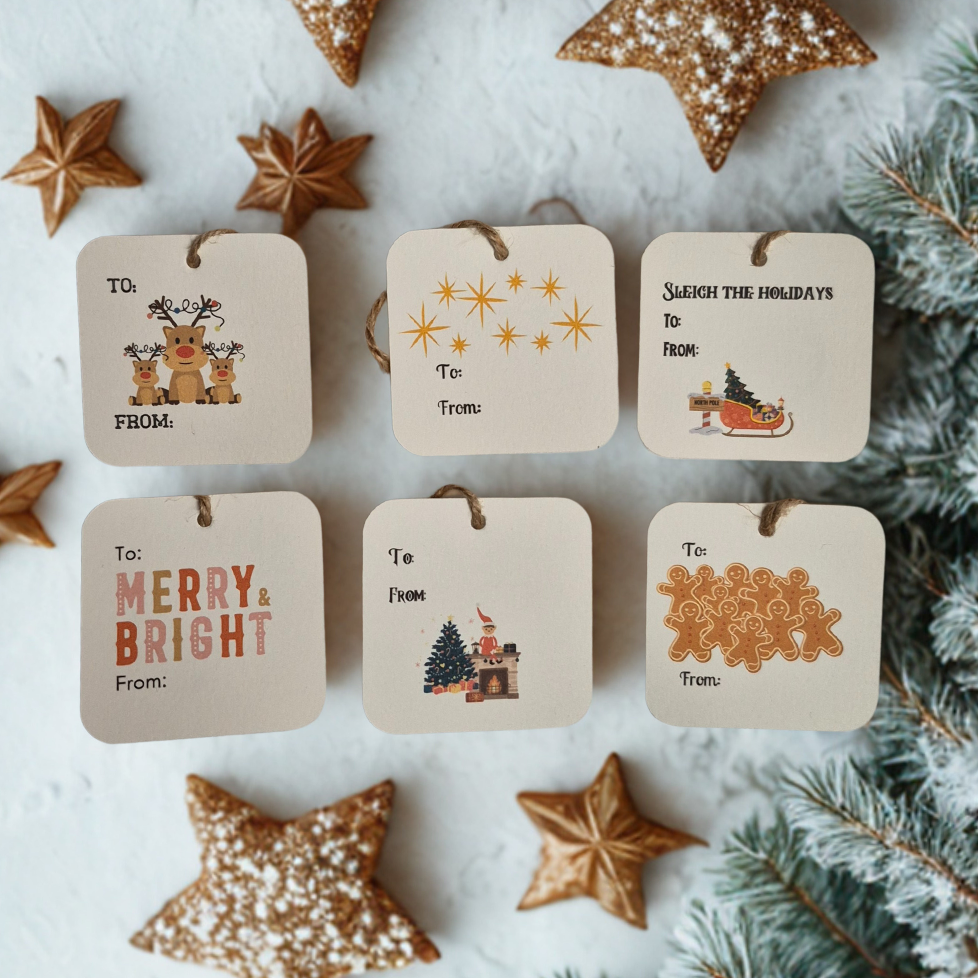 Set of 6 Christmas-themed recycled paper gift tags with decorative elements on a white surface.