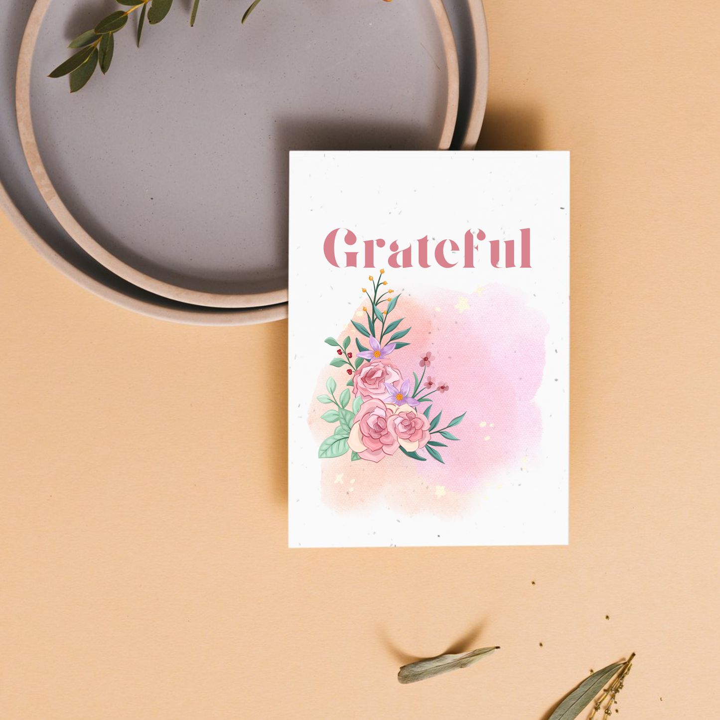 Thank you card with floral design and 'Grateful' text on a beige background